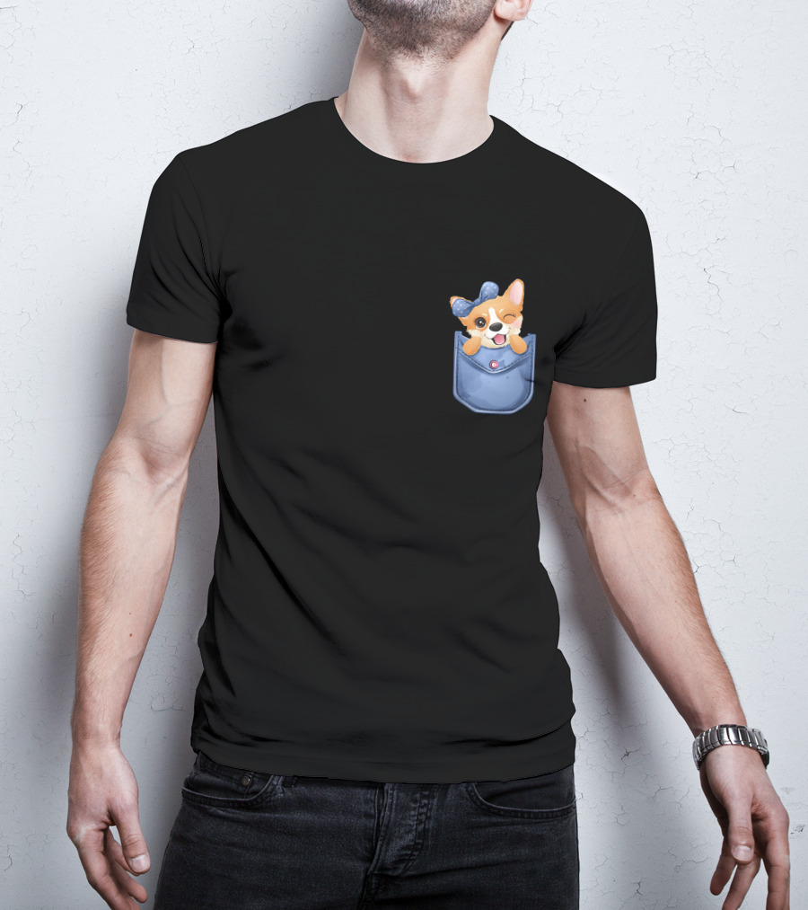 Corgi In Blue Pocket With Winking Bow T-Shirt
