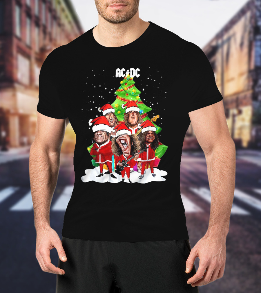 ACDC Christmas Band Santa Hats Cartoon Snow Guitar Christmas Tree T-Shirt