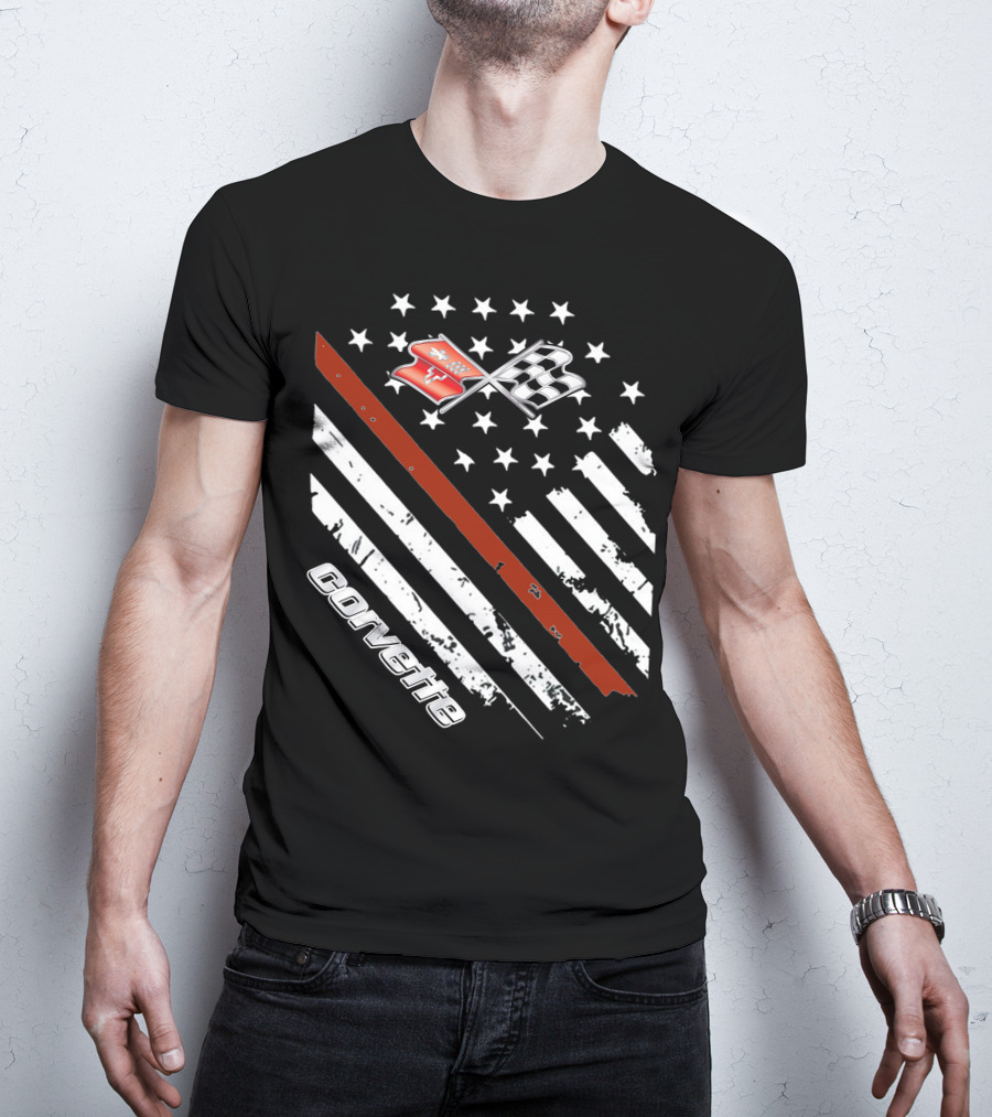 Corvette C3 American Flag Vintage Racing Stripes And Emblems T-Shirt