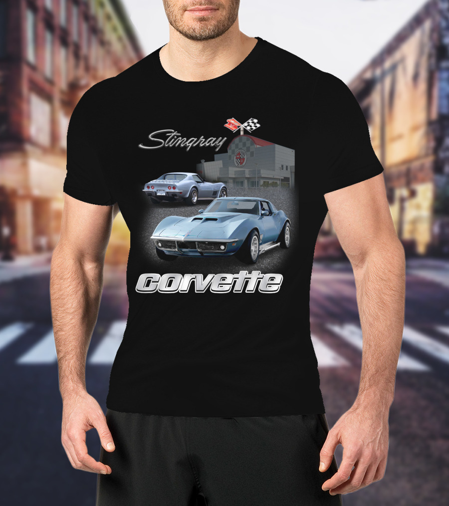 Stingray Corvette Classic C3 At Museum With Racing Flag Emblem T-Shirt