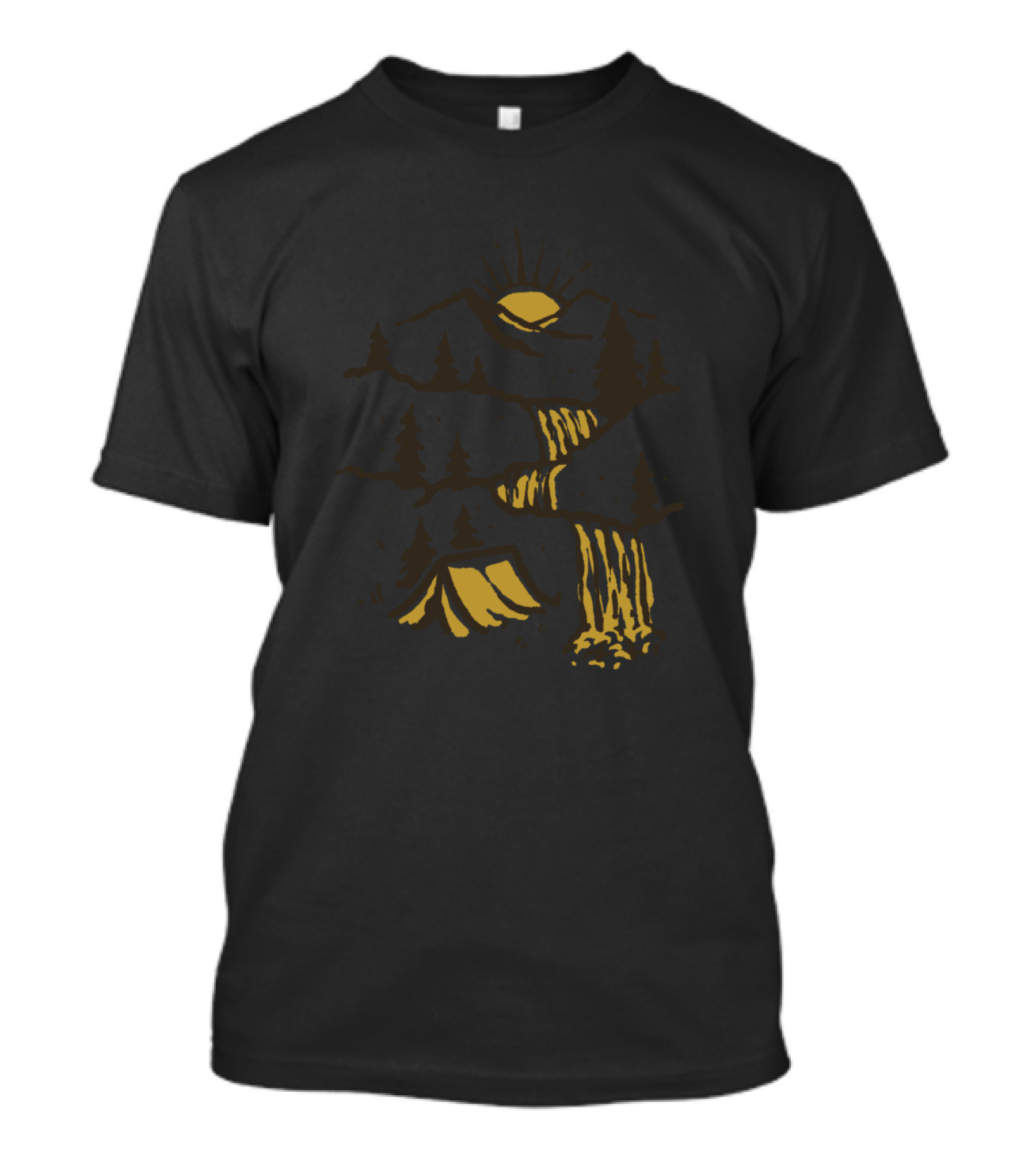 Paradise Sunrise Over Mountains And Waterfall With Tent In Forest Scene T-Shirt