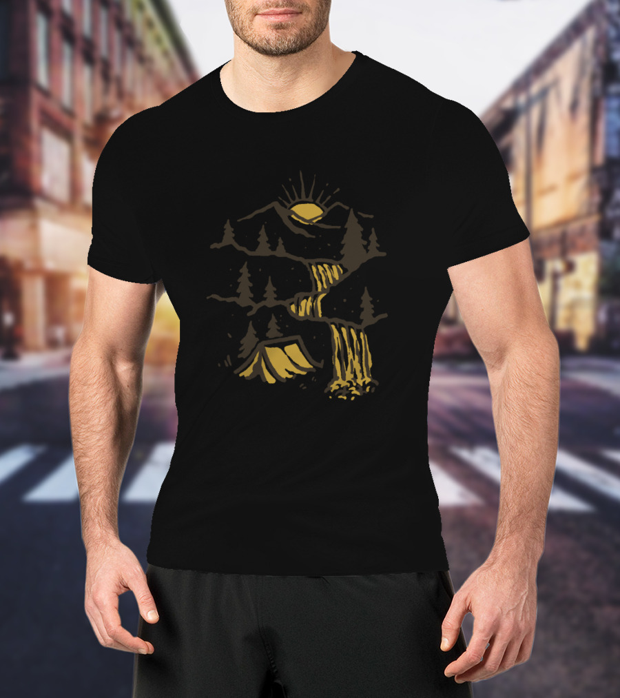 Paradise Sunrise Over Mountains And Waterfall With Tent In Forest Scene T-Shirt
