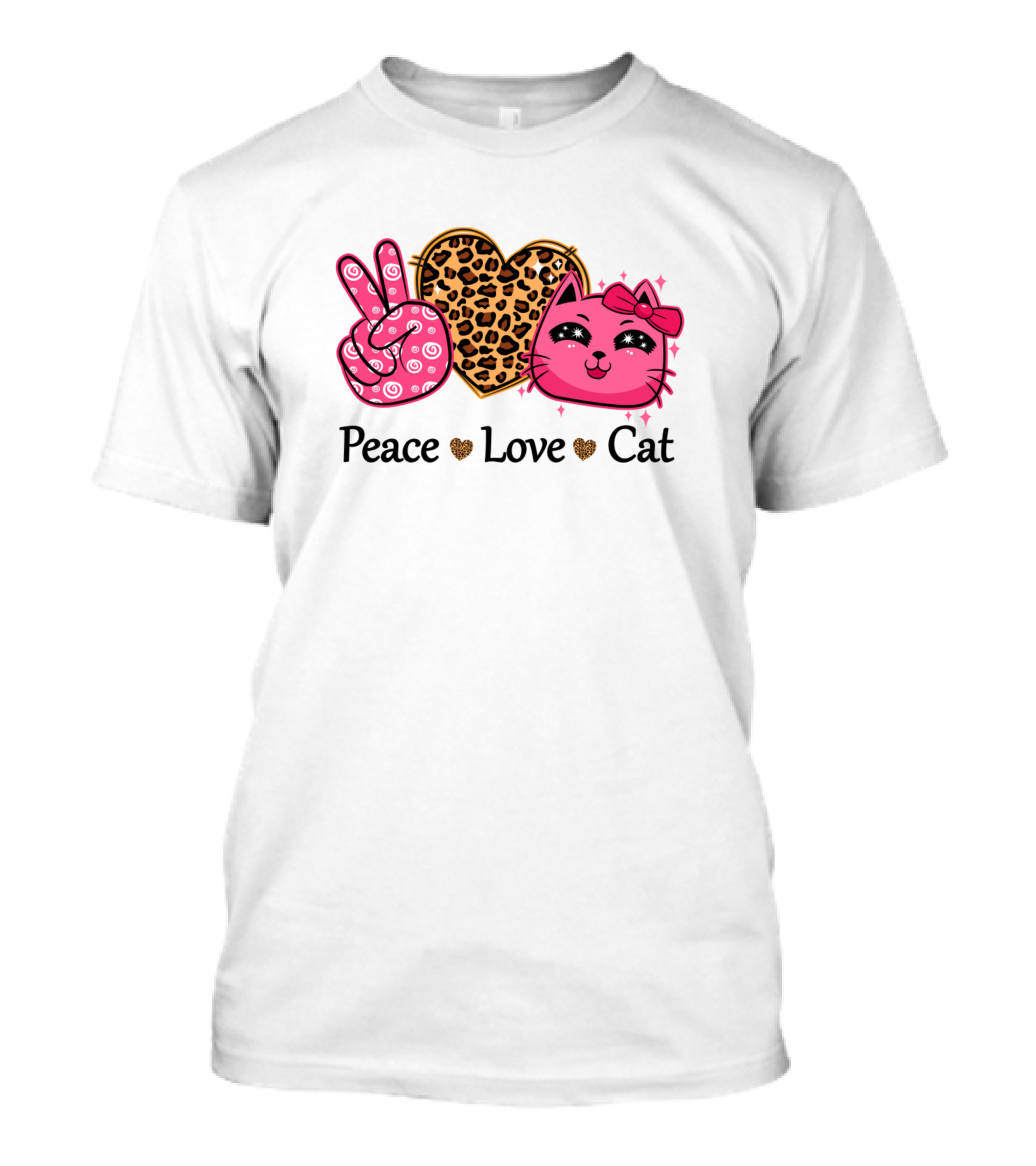 Peace Love Cat Leopard Heart Pink Bow Kitty T-Shirt