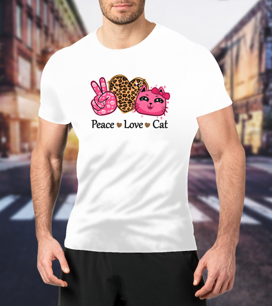 Peace Love Cat Leopard Heart Pink Bow Kitty T-Shirt