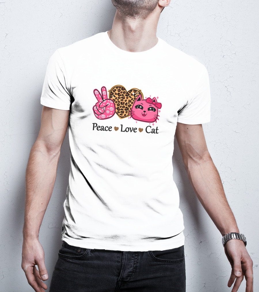Peace Love Cat Leopard Heart Pink Bow Kitty T-Shirt
