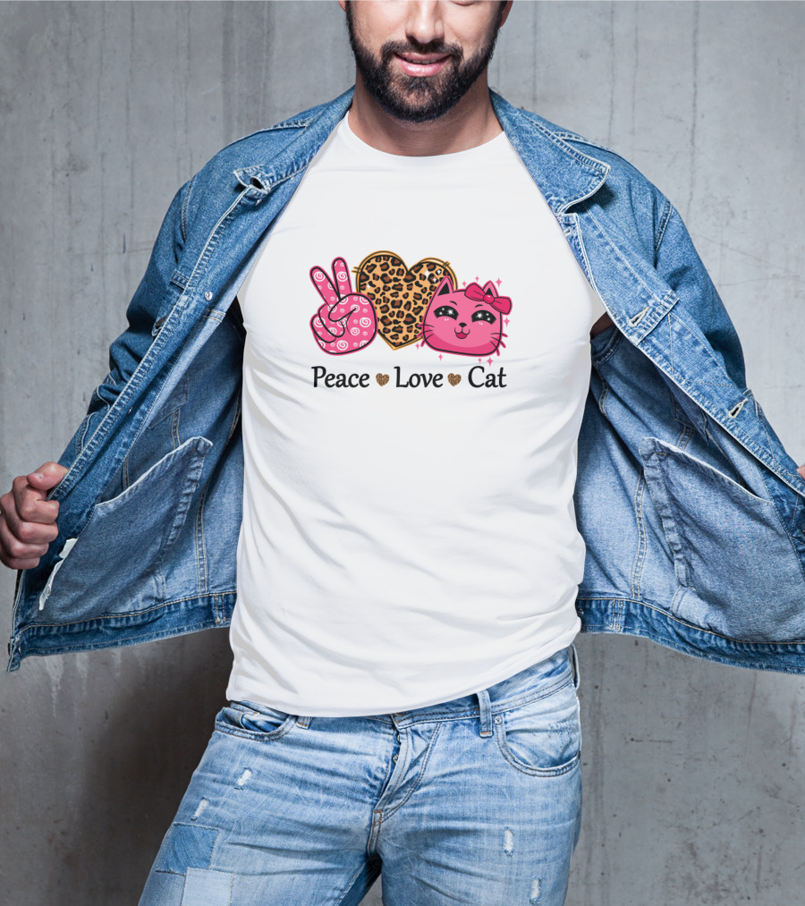Peace Love Cat Leopard Heart Pink Bow Kitty T-Shirt