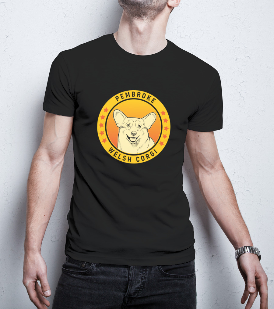 Pembroke Welsh Corgi Circular Badge With Stars And Smiling Dog Face T-Shirt