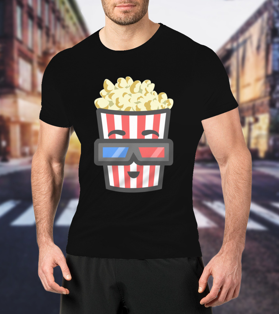 Smiling Popcorn Wearing 3D Glasses In Striped Container T-Shirt