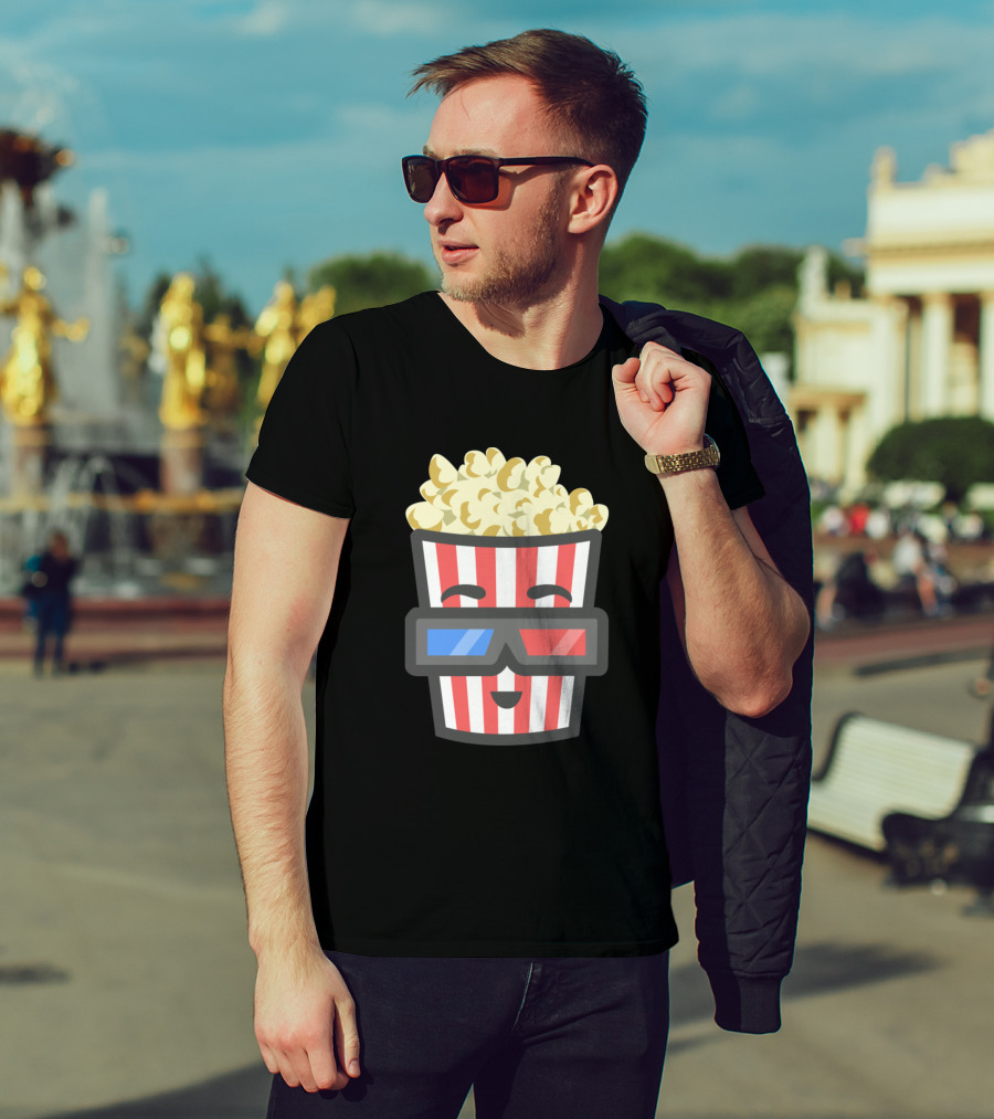 Smiling Popcorn Wearing 3D Glasses In Striped Container T-Shirt