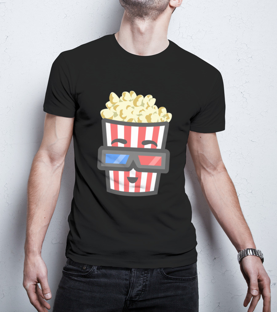 Smiling Popcorn Wearing 3D Glasses In Striped Container T-Shirt