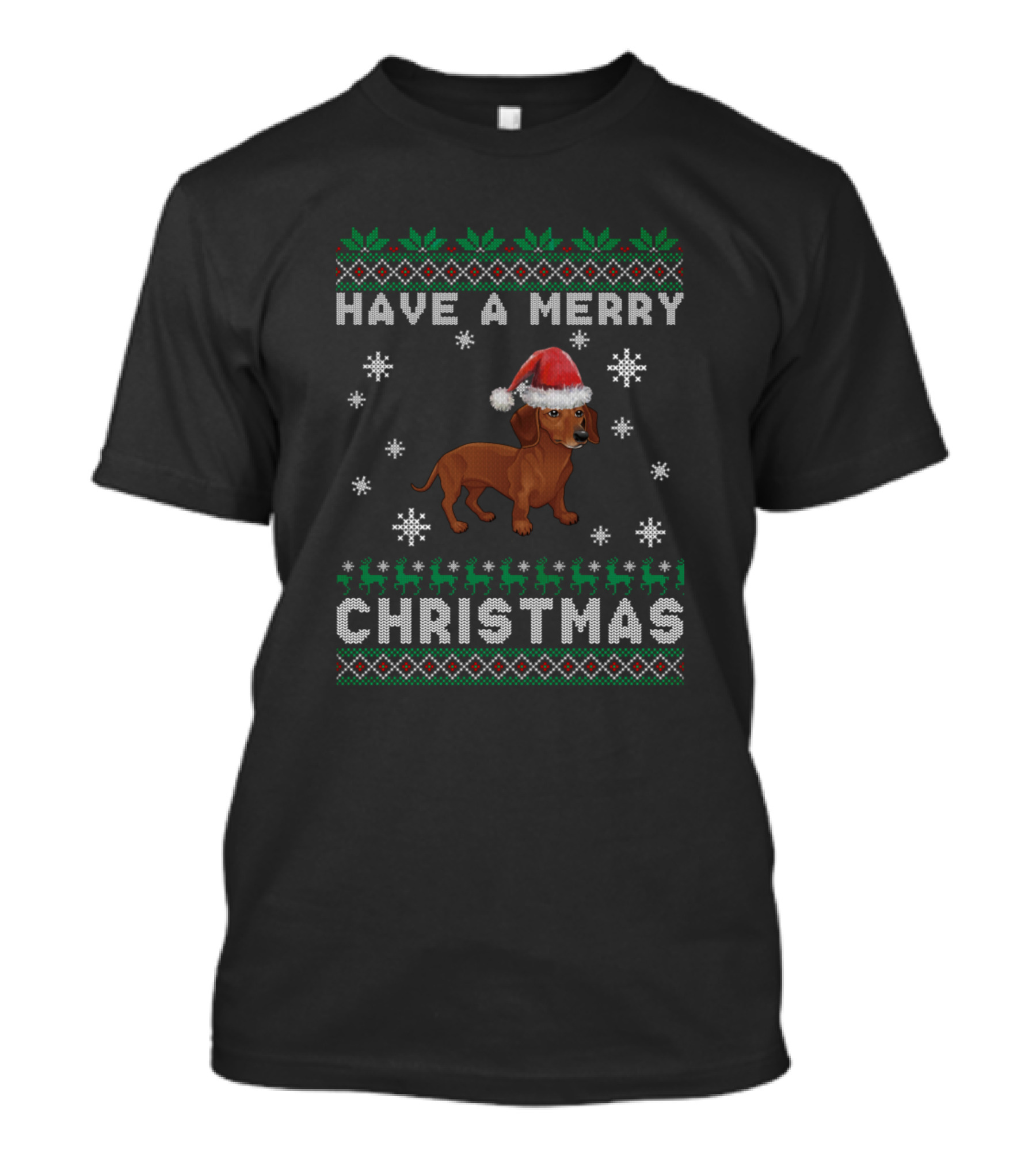 Have A Merry Christmas Dachshund Santa Hat Snowflakes Reindeer T-Shirt