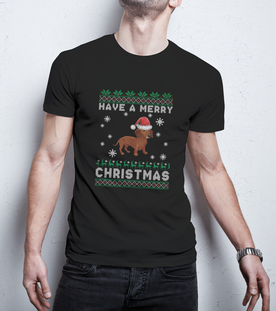 Have A Merry Christmas Dachshund Santa Hat Snowflakes Reindeer T-Shirt