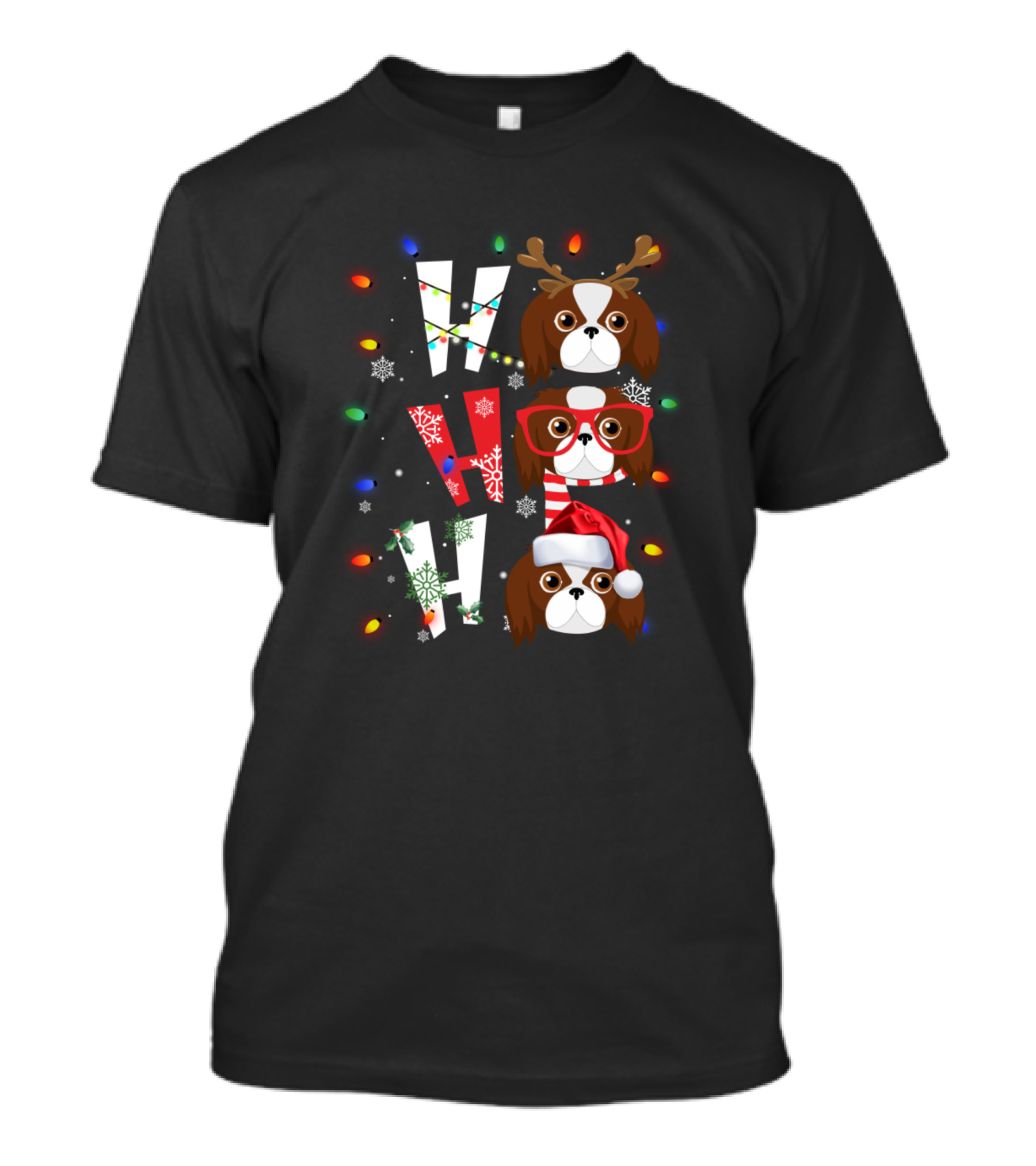 Ho Ho Ho Merry Christmas Japanese Chin Reindeer Antlers Red Glasses Santa Hat T-Shirt