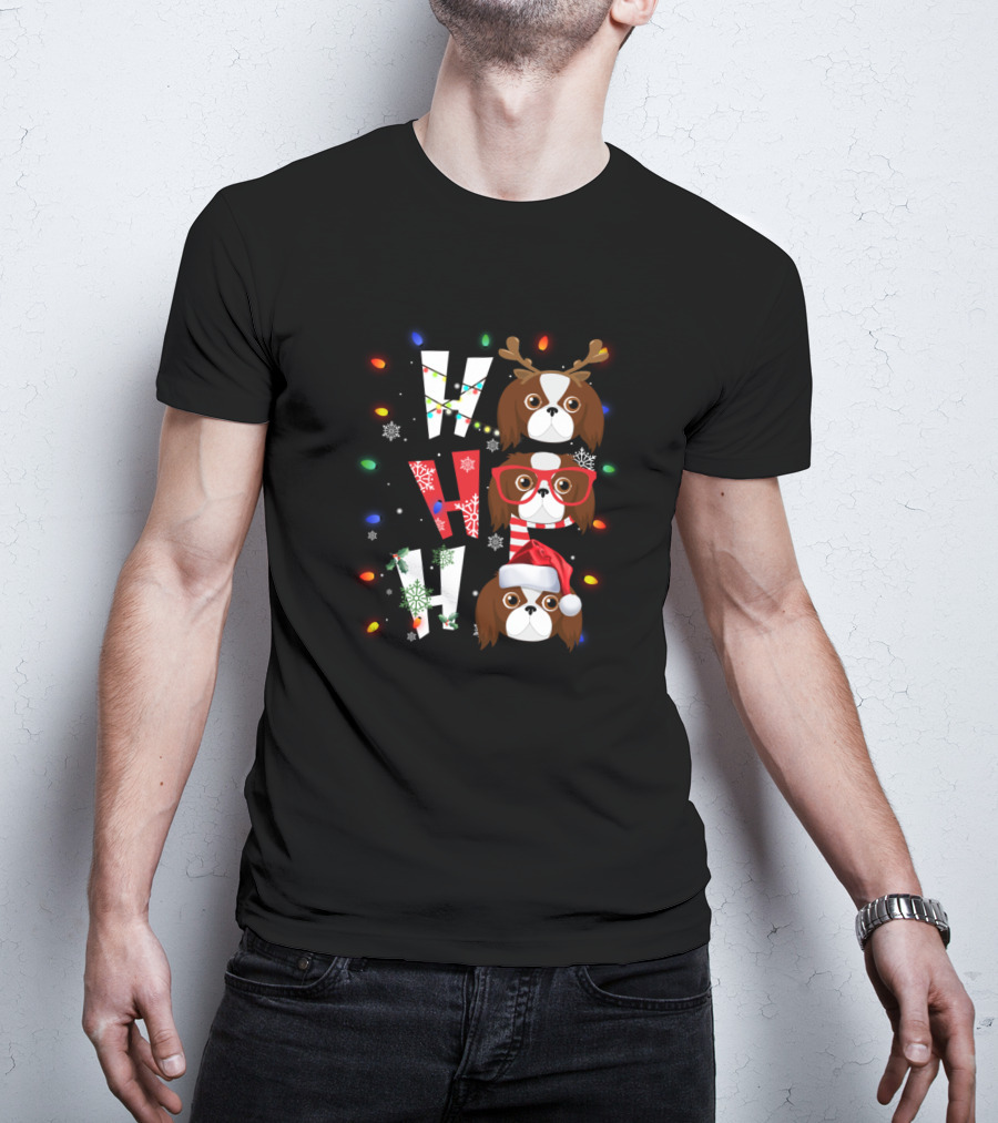 Ho Ho Ho Merry Christmas Japanese Chin Reindeer Antlers Red Glasses Santa Hat T-Shirt