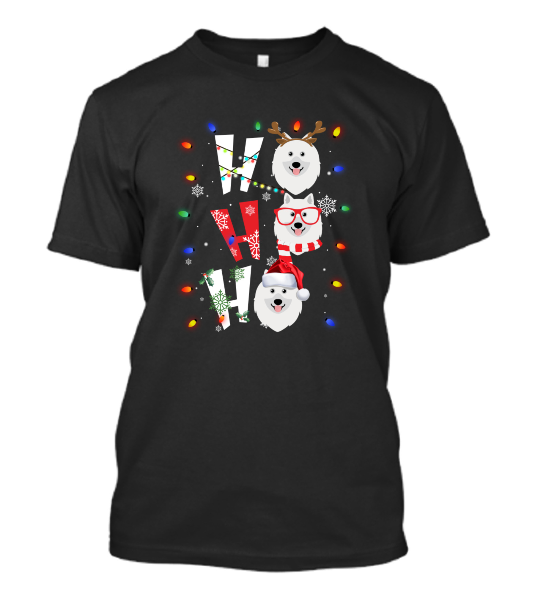 Ho Ho Ho Merry Christmas Keeshonden Reindeer Antlers Santa Hat Festive Lights Snowflakes T-Shirt