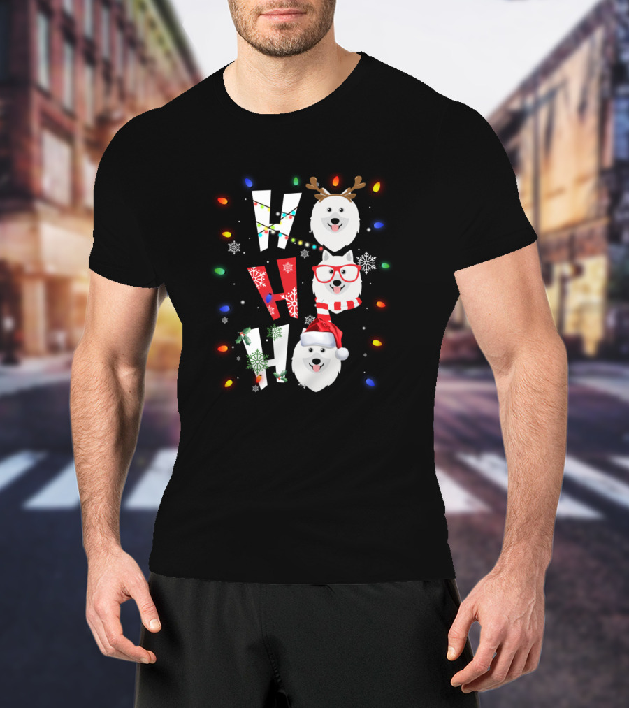 Ho Ho Ho Merry Christmas Keeshonden Reindeer Antlers Santa Hat Festive Lights Snowflakes T-Shirt
