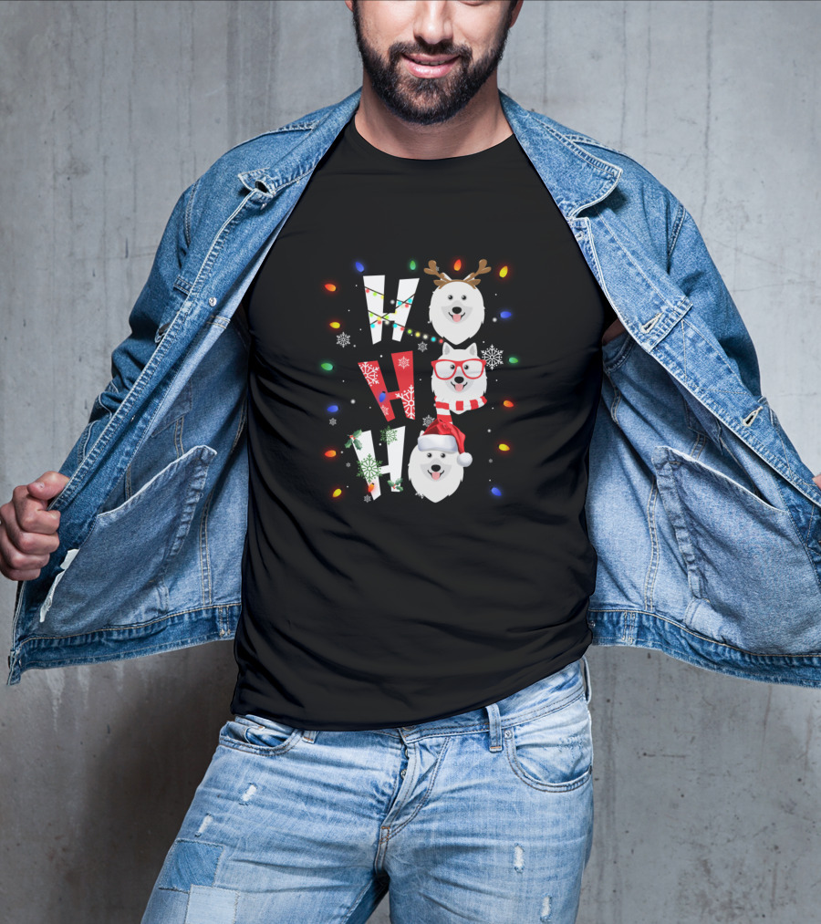 Ho Ho Ho Merry Christmas Keeshonden Reindeer Antlers Santa Hat Festive Lights Snowflakes T-Shirt