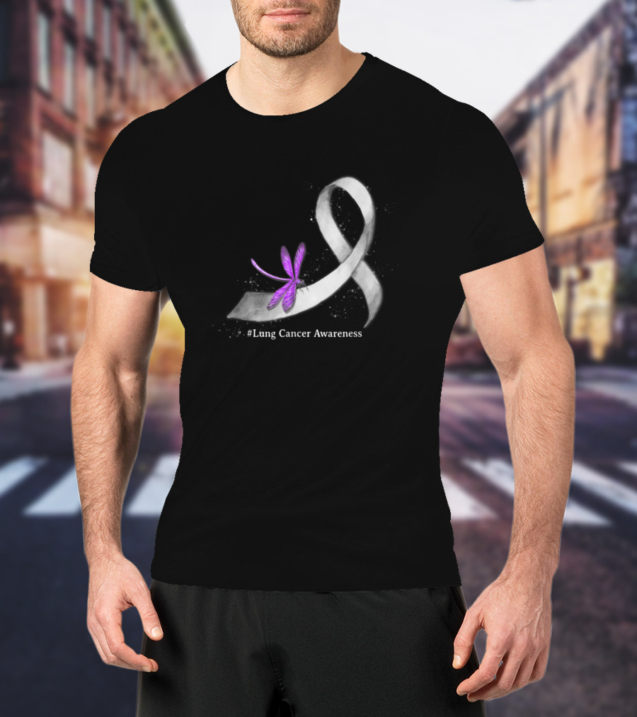 Hippie Dragonfly Purple On White Ribbon For Lung Cancer Awareness T-Shirt