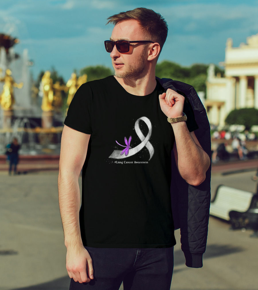 Hippie Dragonfly Purple On White Ribbon For Lung Cancer Awareness T-Shirt