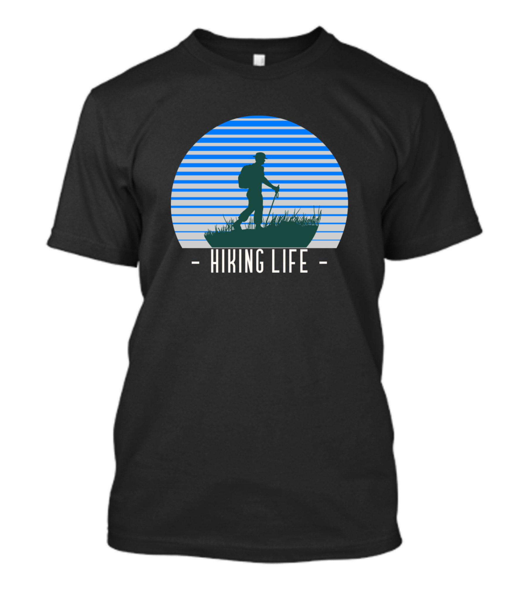 Hiking Life Outdoor Adventure Silhouette In Blue Stripes T-Shirt