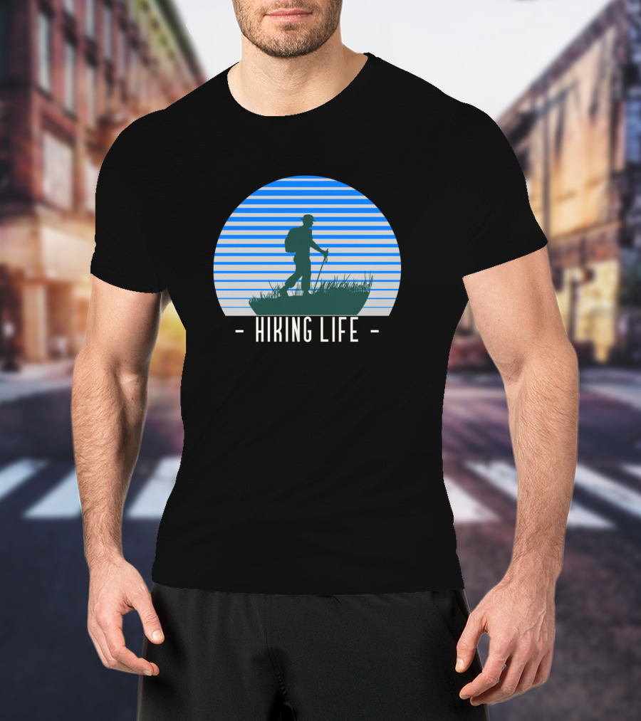 Hiking Life Outdoor Adventure Silhouette In Blue Stripes T-Shirt