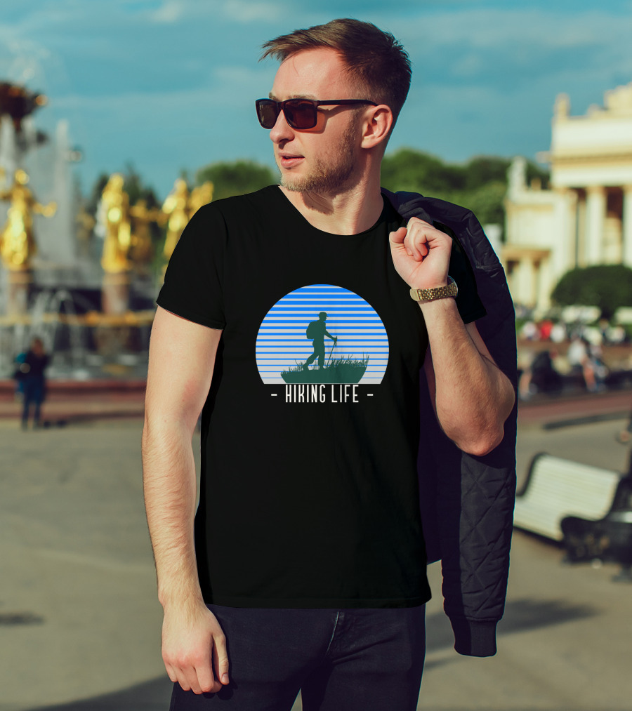 Hiking Life Outdoor Adventure Silhouette In Blue Stripes T-Shirt