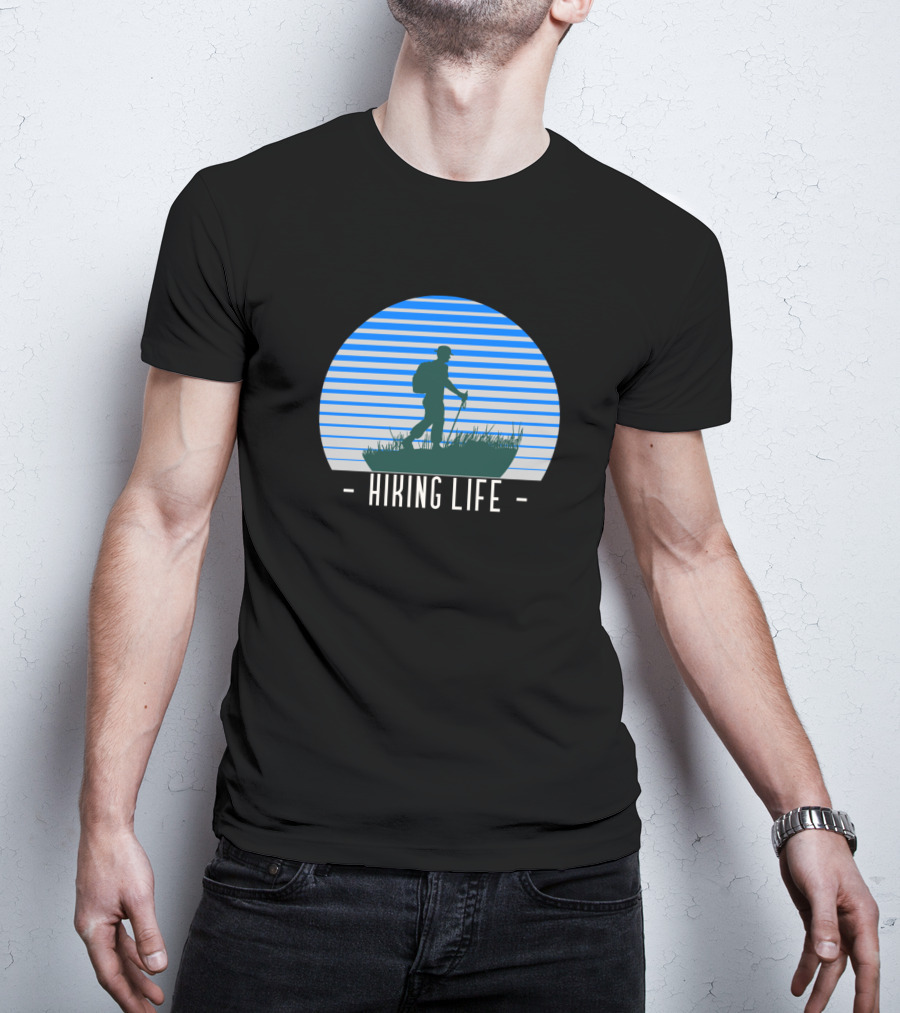 Hiking Life Outdoor Adventure Silhouette In Blue Stripes T-Shirt