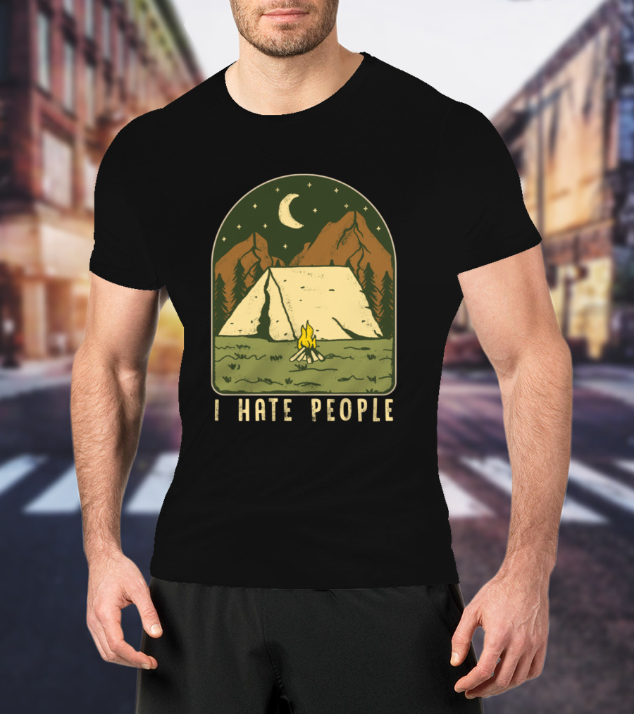 I Hate People Camping Outdoors Nature With Mountains And Campfire T-Shirt