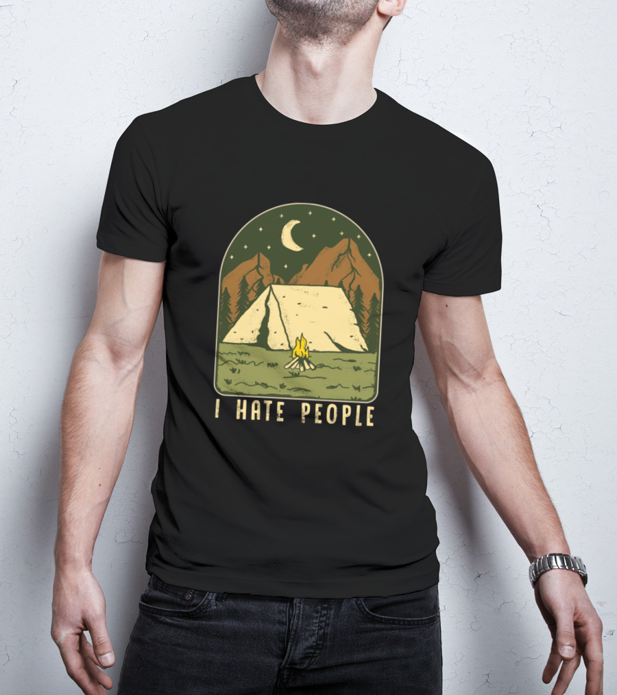 I Hate People Camping Outdoors Nature With Mountains And Campfire T-Shirt