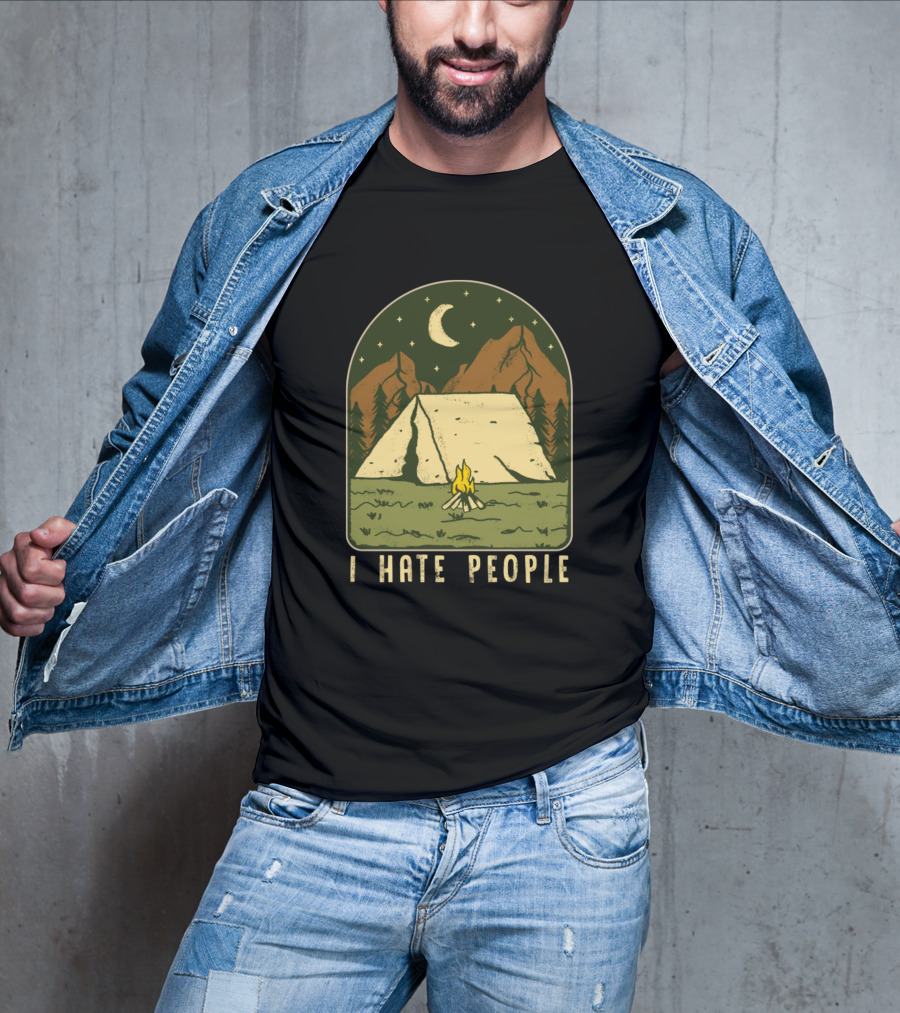 I Hate People Camping Outdoors Nature With Mountains And Campfire T-Shirt