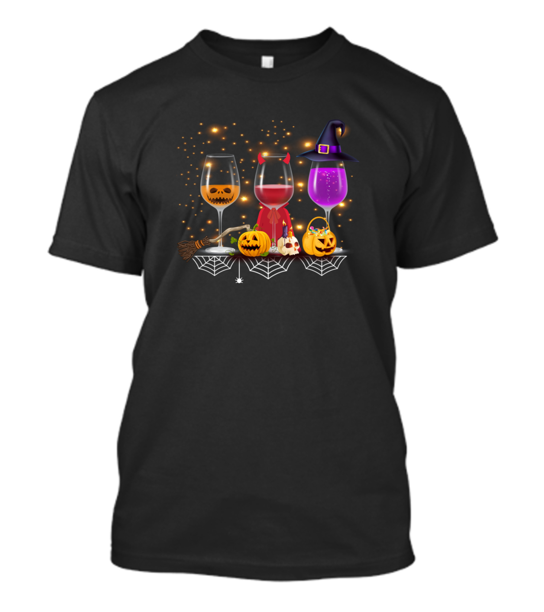 Happy Hallo Wine Funny Halloween Glass Wine Drinking Halloween Pumpkins Witch Hat Broomstick Spider Webs T-Shirt