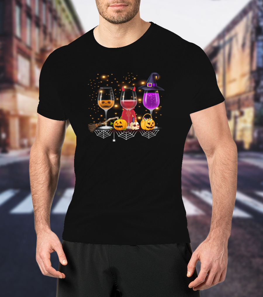 Happy Hallo Wine Funny Halloween Glass Wine Drinking Halloween Pumpkins Witch Hat Broomstick Spider Webs T-Shirt