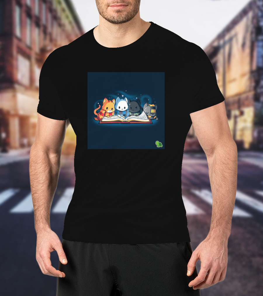 Harrys Cats Cute Feline Wizards Reading Book T-Shirt
