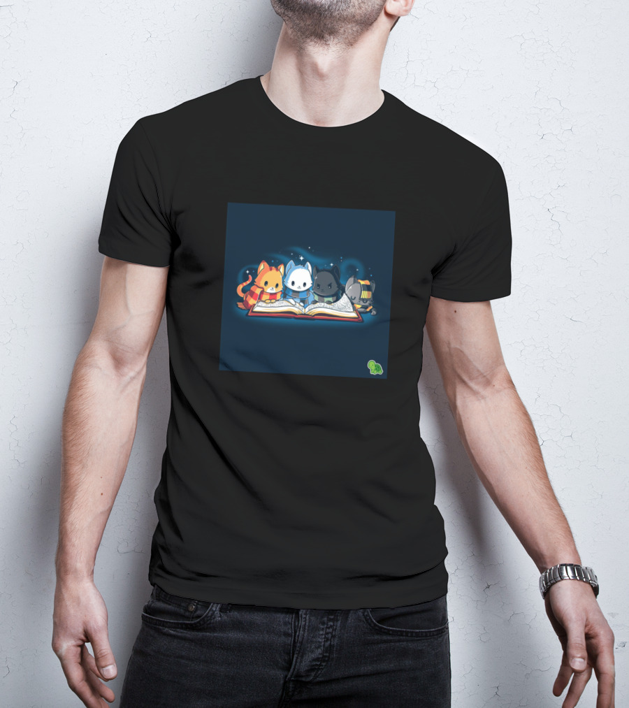Harrys Cats Cute Feline Wizards Reading Book T-Shirt