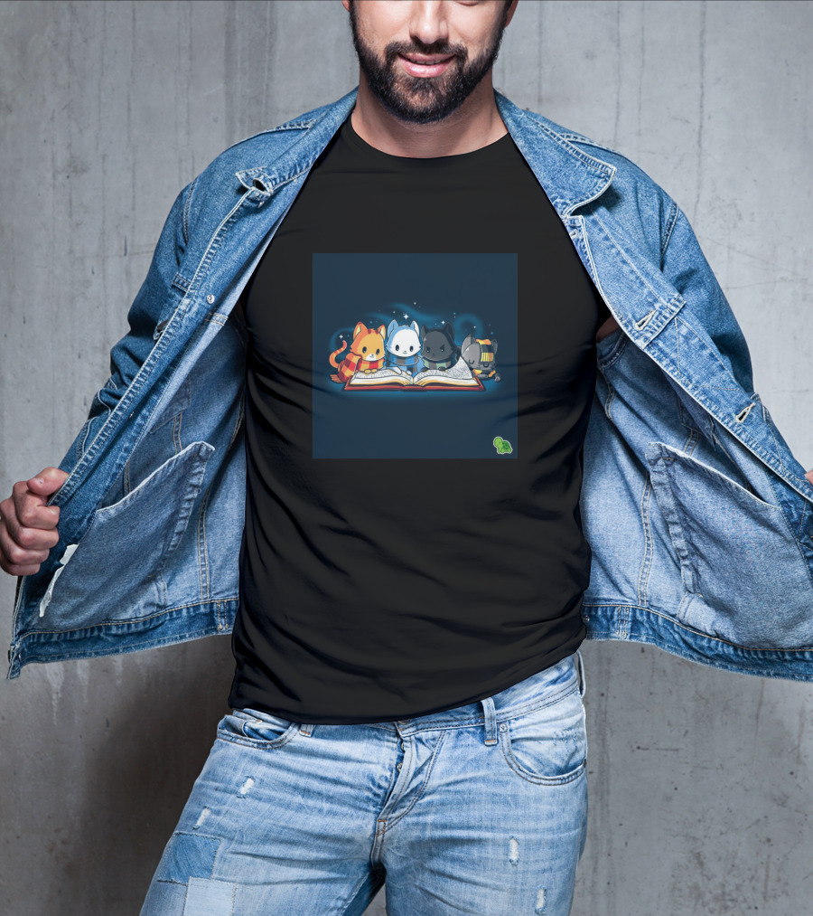 Harrys Cats Cute Feline Wizards Reading Book T-Shirt