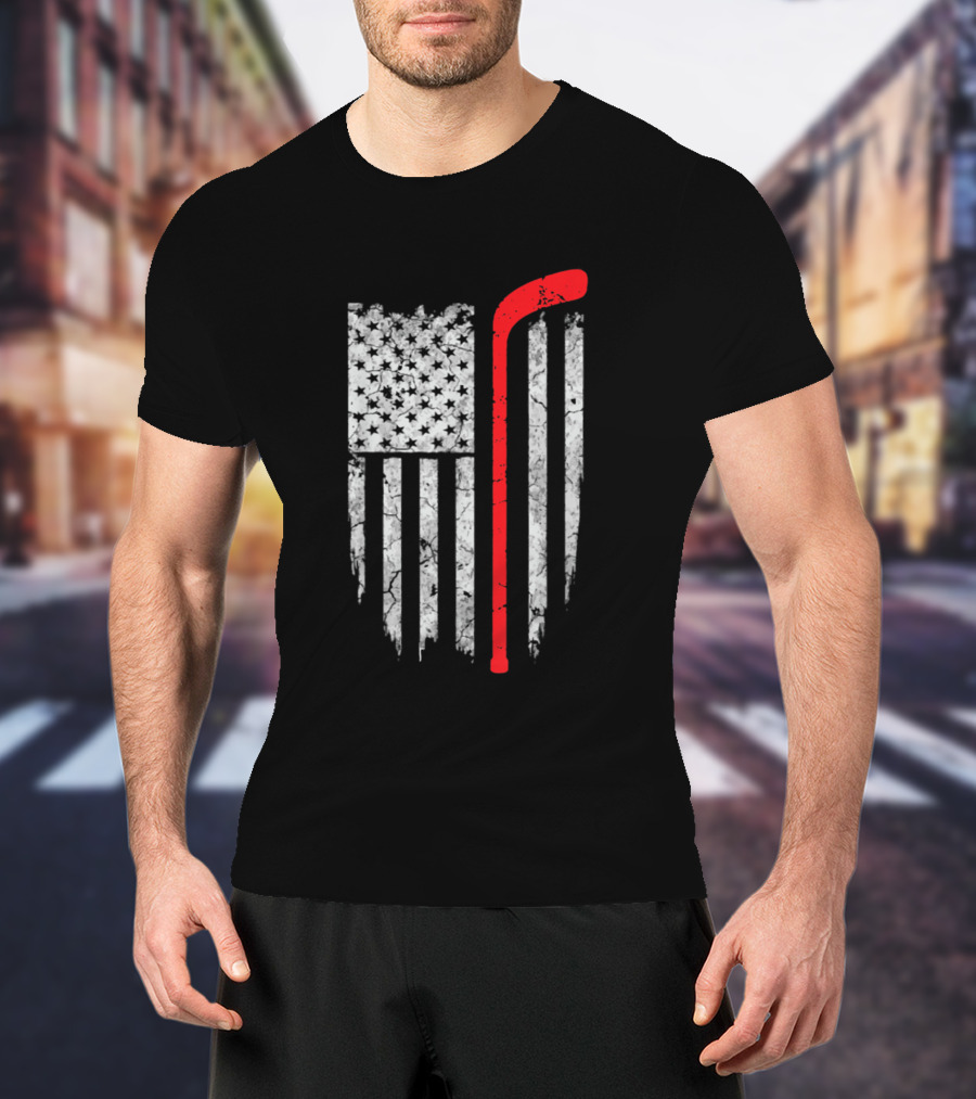 Hockey Stick American Flag Distressed Design S33 T-Shirt