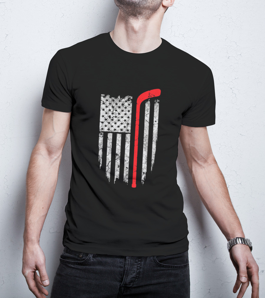 Hockey Stick American Flag Distressed Design S33 T-Shirt