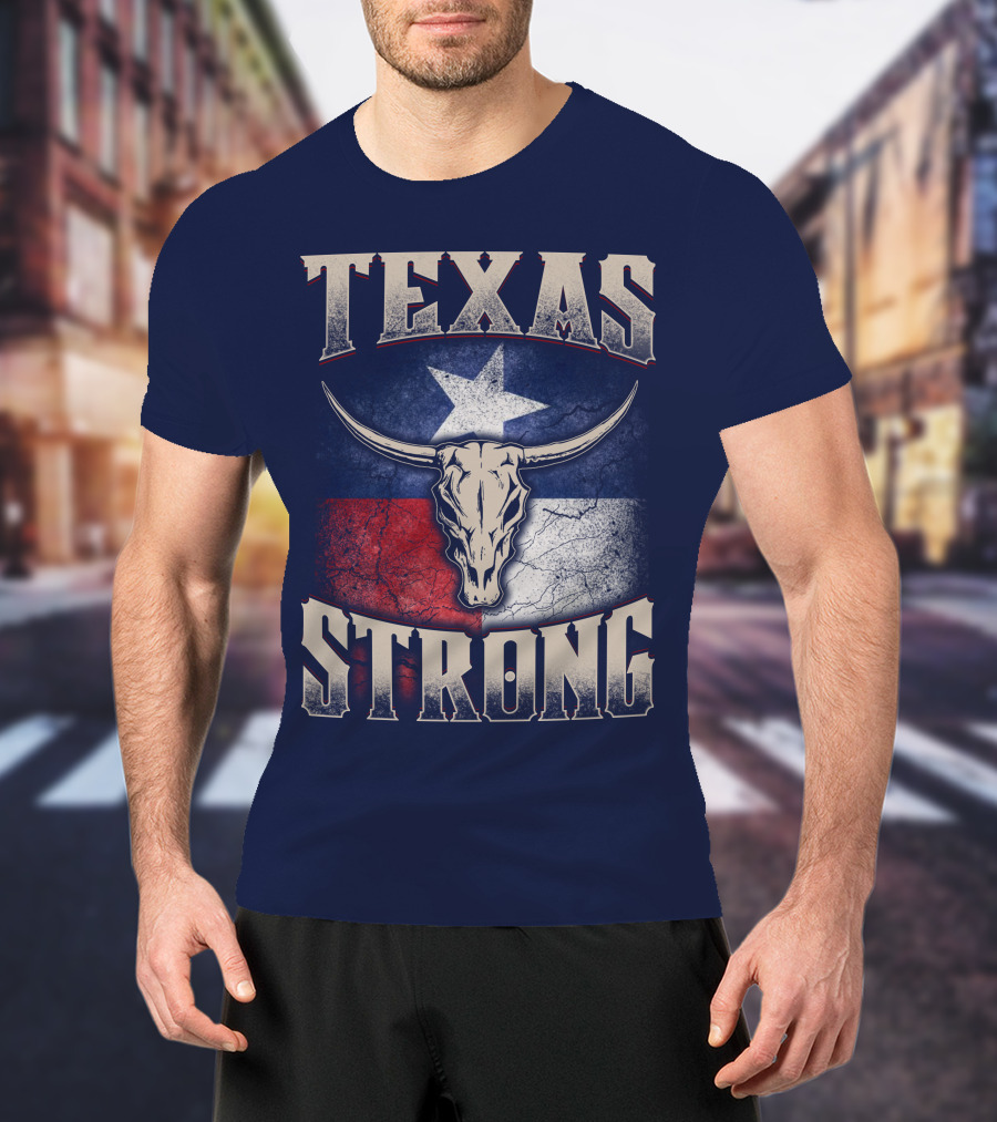 Texas Strong Longhorn Skull With Texas Flag T-Shirt