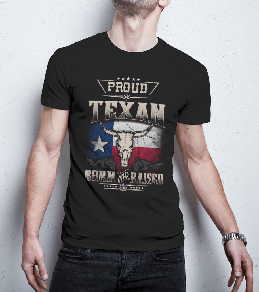 Proud Texan Born And Raised Texas Flag Longhorn Skull T-Shirt