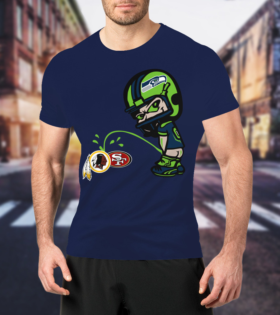 Seattle Seahawks Rivalry Cartoon With San Francisco 49ers And Washington Logos T-Shirt
