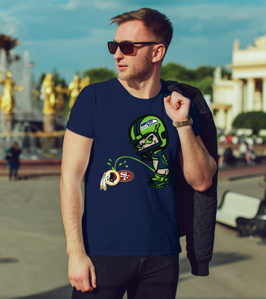 Seattle Seahawks Rivalry Cartoon With San Francisco 49ers And Washington Logos T-Shirt