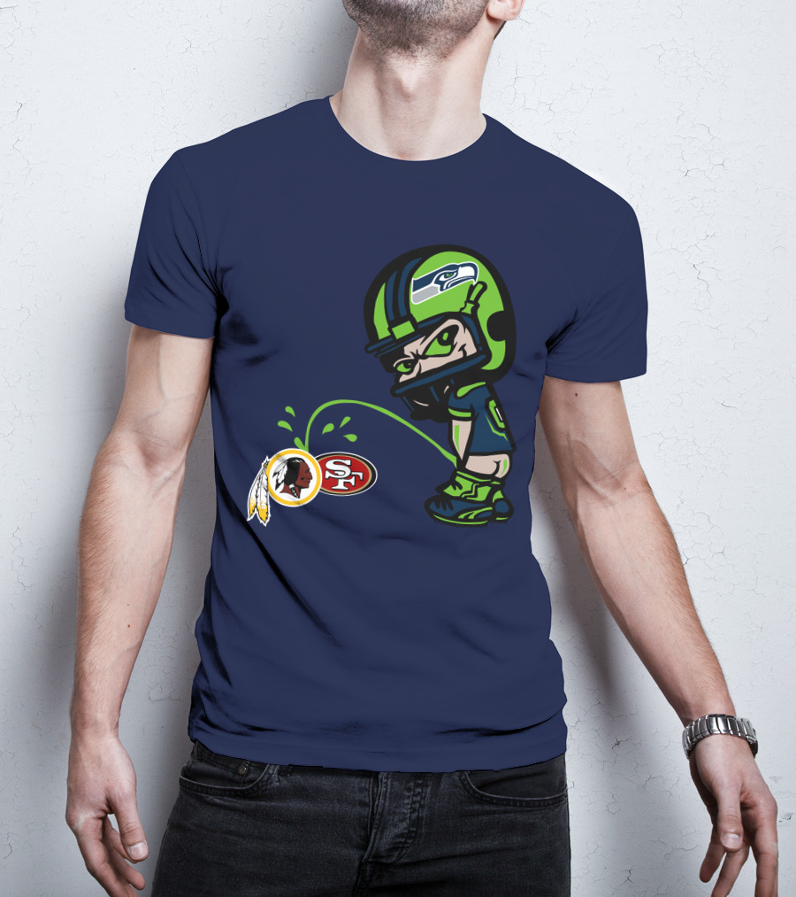 Seattle Seahawks Rivalry Cartoon With San Francisco 49ers And Washington Logos T-Shirt