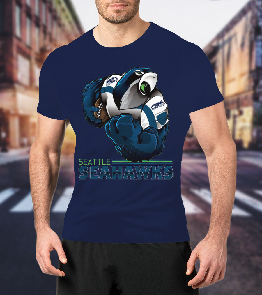 Seattle Seahawks Powerful Mascot With Football Iconic Team Spirit T-Shirt