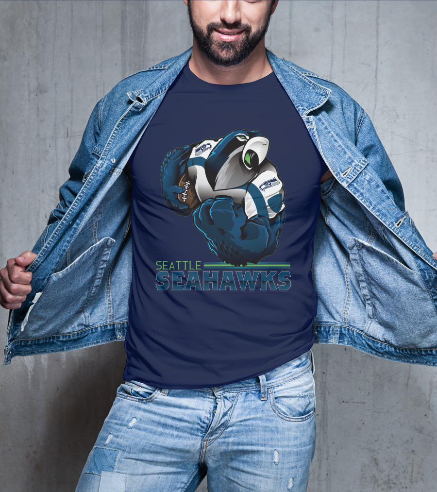 Seattle Seahawks Powerful Mascot With Football Iconic Team Spirit T-Shirt