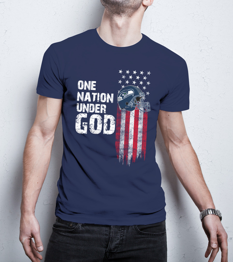 One Nation Under God Seattle Seahawks Flag Helmet Stars Stripes T-Shirt