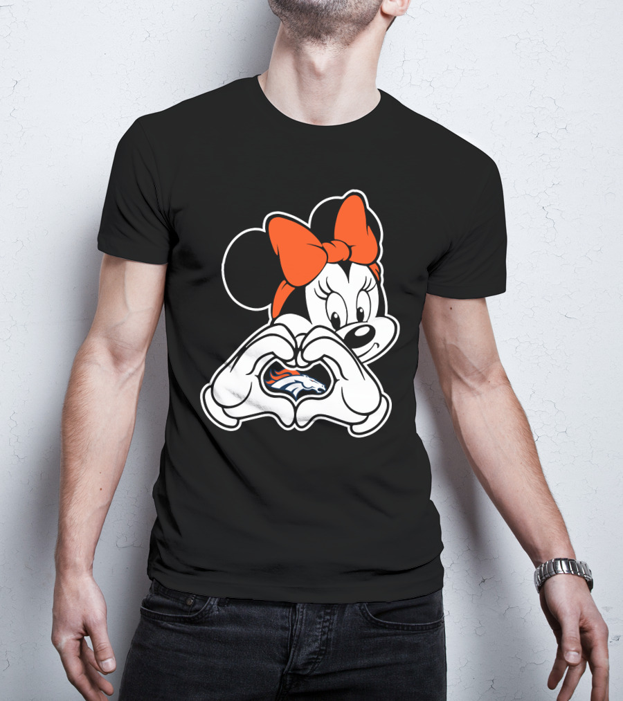 Minnie Mouse Heart Hands Denver Broncos Logo On Black Background With Orange Bow T-Shirt