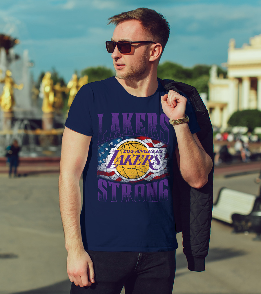 Los Angeles Lakers Strong American Flag Basketball T-Shirt