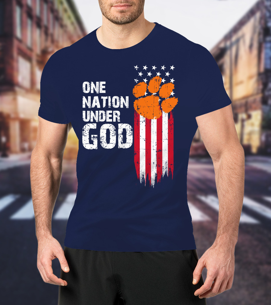 One Nation Under God Clemson Tigers American Flag Paw Print T-Shirt