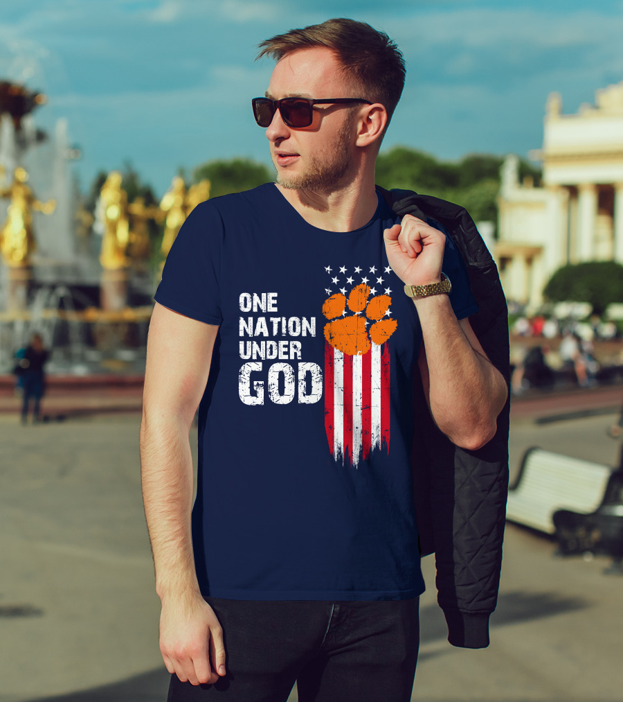One Nation Under God Clemson Tigers American Flag Paw Print T-Shirt