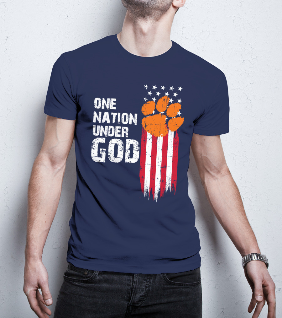 One Nation Under God Clemson Tigers American Flag Paw Print T-Shirt